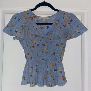 Monteau Floral blouse gathered V neckline peplum Size Small